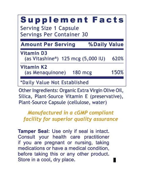 Supplement facts for PRL Vitamin D3+K2