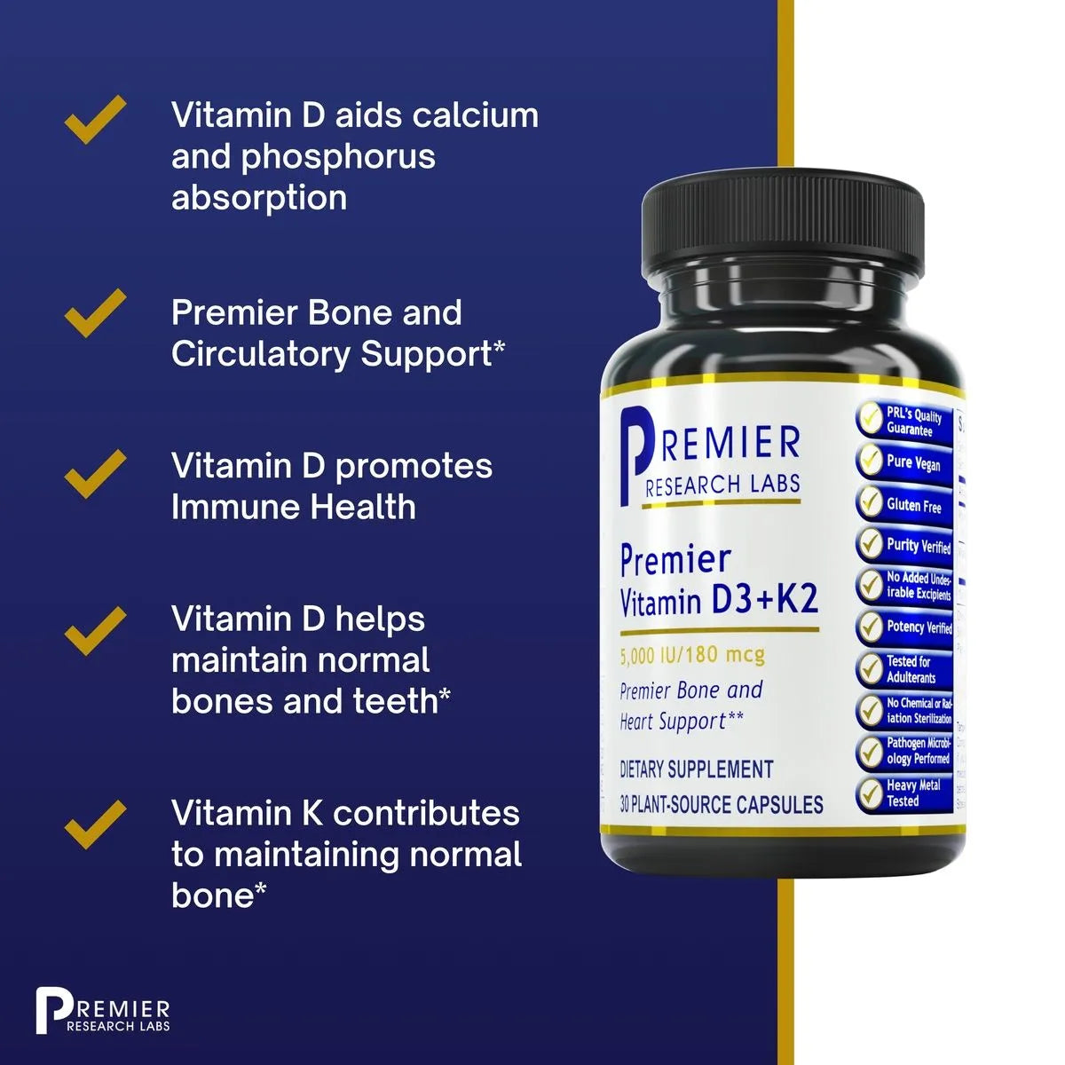 Bottle of PRL Vitamin D3+K2 for Bone, Heart, and Immune Health