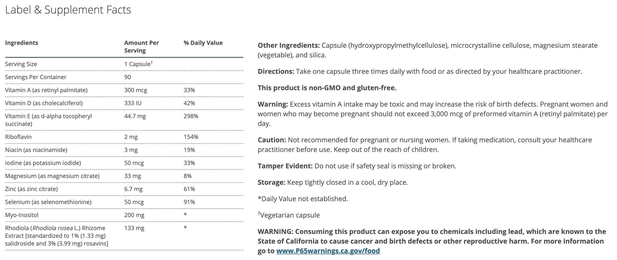 Thyrosol ingredients including vitamins A, D, E, zinc, and adaptogens for thyroid and adrenal support