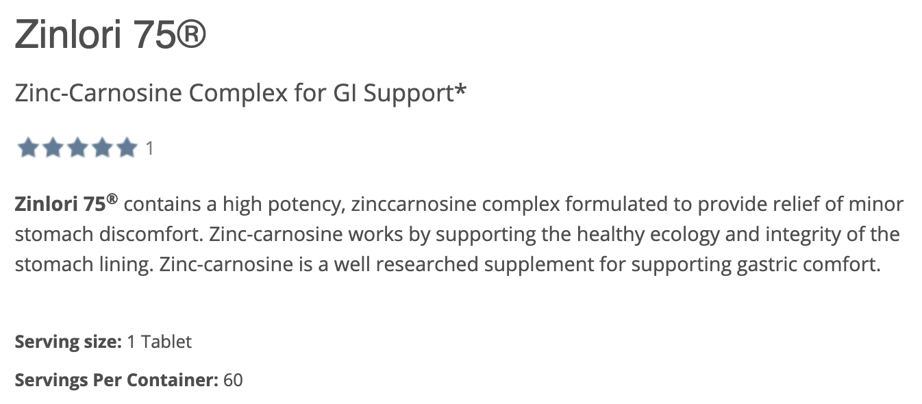 Natural stomach support with Zinlori 75 for acid sensitivity and gut healing