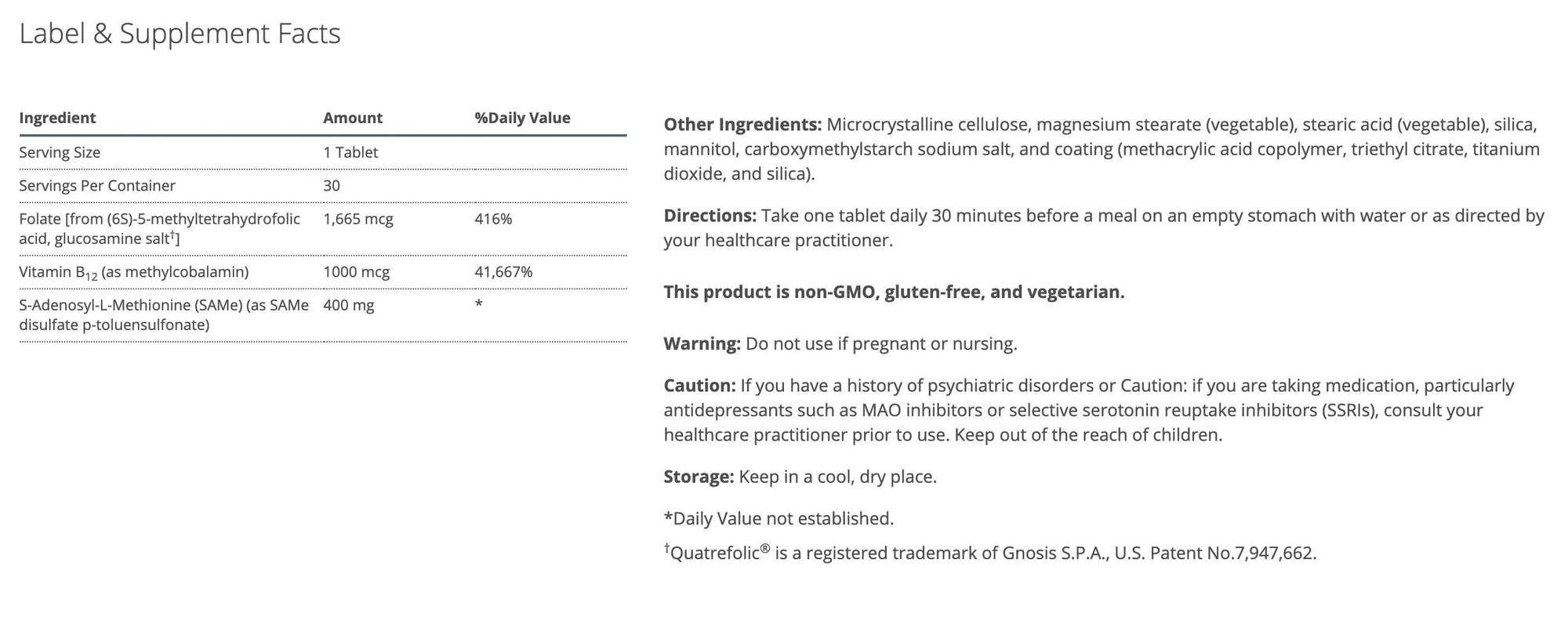 Clinically dosed SAMe, folate, and B12 formula for neurotransmitter and methylation support