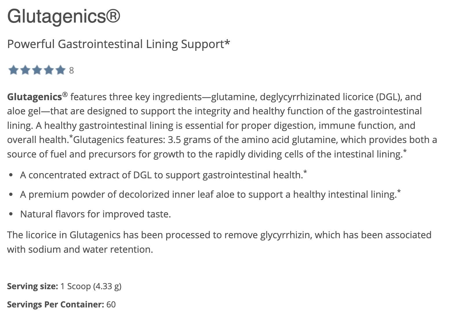 Powder supplement featuring 3.5g glutamine and botanical gut support ingredients for GI Health