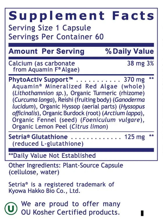 Glutathione capsule ingredients including turmeric, red algae, and reishi for enhanced antioxidant support
