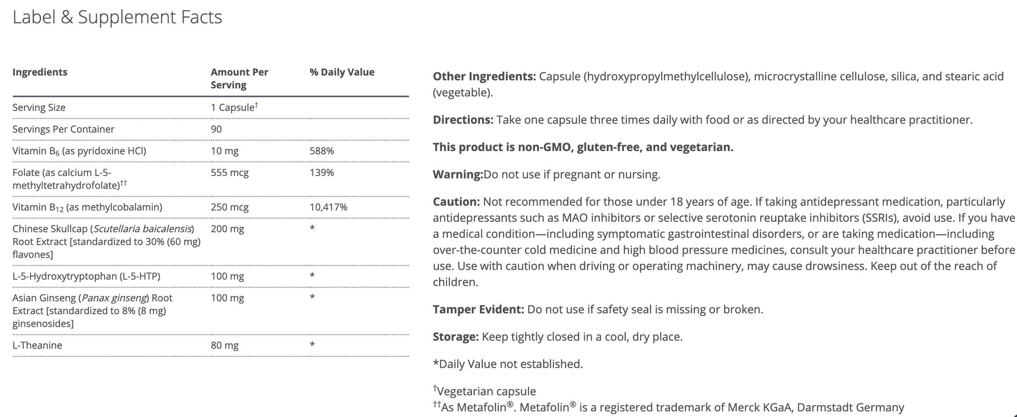 Mood-balancing formula with 5-HTP, L-theanine, Chinese skullcap, and B vitamins