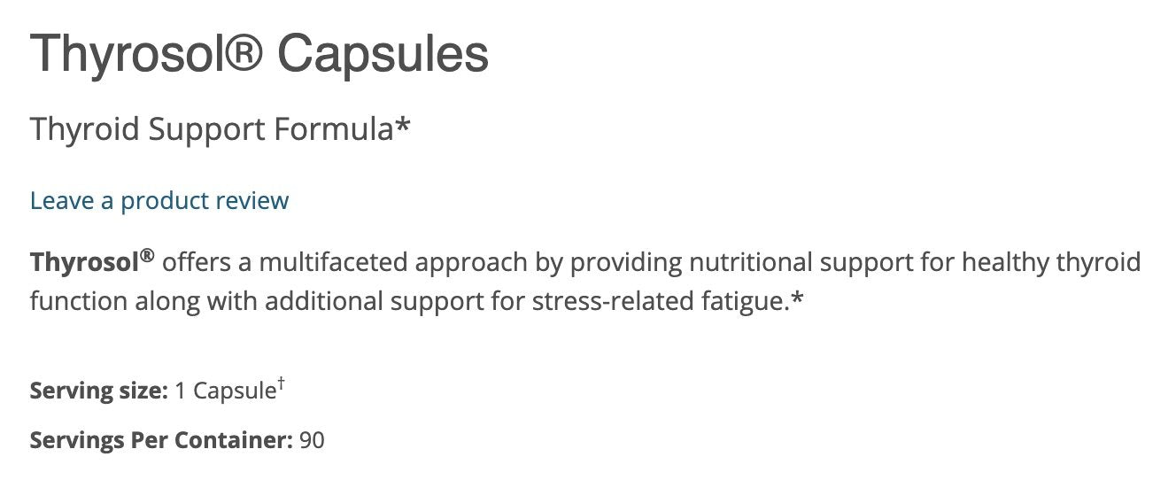 Thyrosol dosage including vitamins A, D, E, zinc, and adaptogens for thyroid and adrenal support
